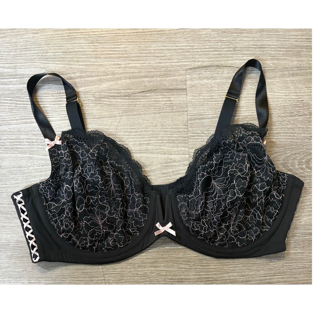 Cacique Unlined Balconette Lace‎ Bra 40DDD Pink Black Bows Coquette Feminine